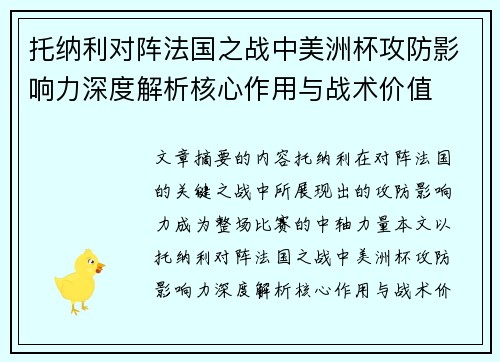 托纳利对阵法国之战中美洲杯攻防影响力深度解析核心作用与战术价值